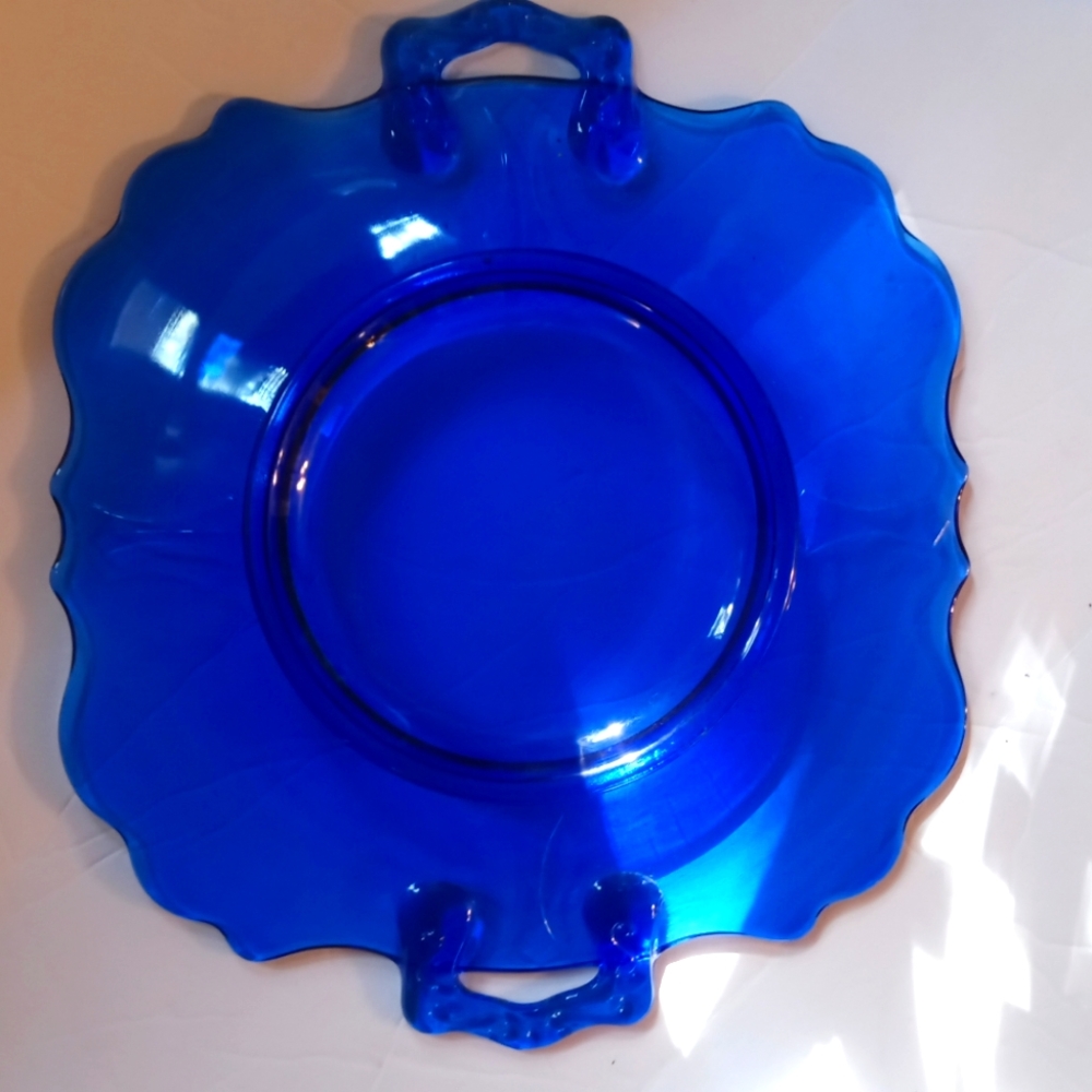 Blue glass cake plate